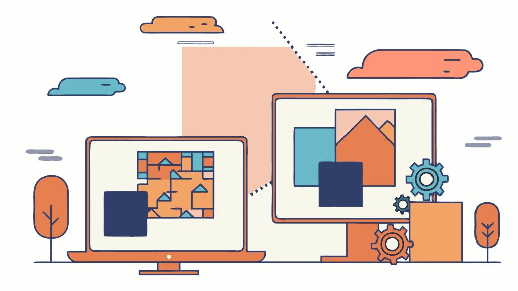 Twee computers met grafische elementen.