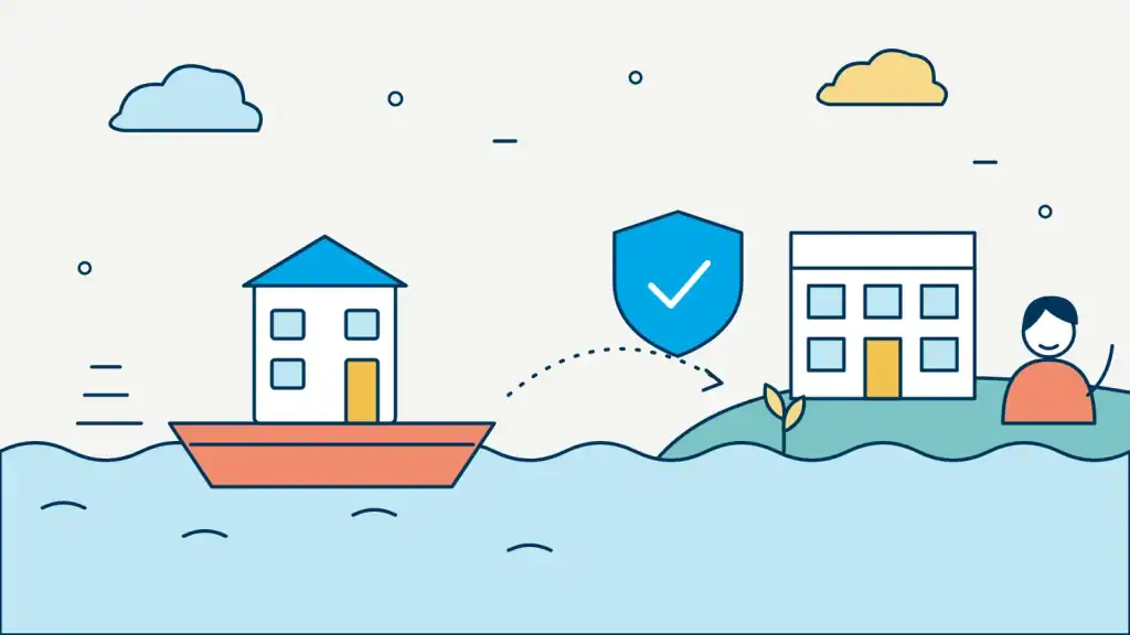 Illustration: Ein Haus auf einem Boot fährt übers Wasser zu einem Bürogebäude an Land, dazwischen ein Schutzschild mit Haken.