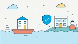 Illustration: Ein Haus auf einem Boot fährt übers Wasser zu einem Bürogebäude an Land, dazwischen ein Schutzschild mit Haken.